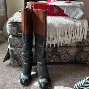 Cole Hahn Brown/Black Leather Knee-High Boots 4” heel, 18” tall, wore twice